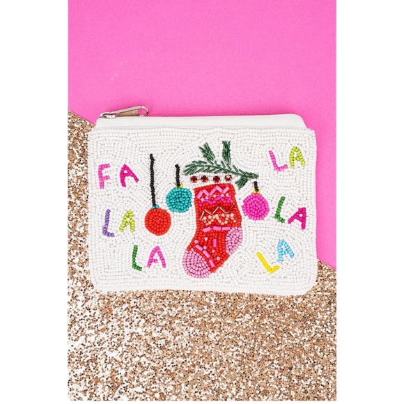 Viola Stocking Fa La La La La La White Seed Bead Coin Purse - Picture 1 of 6